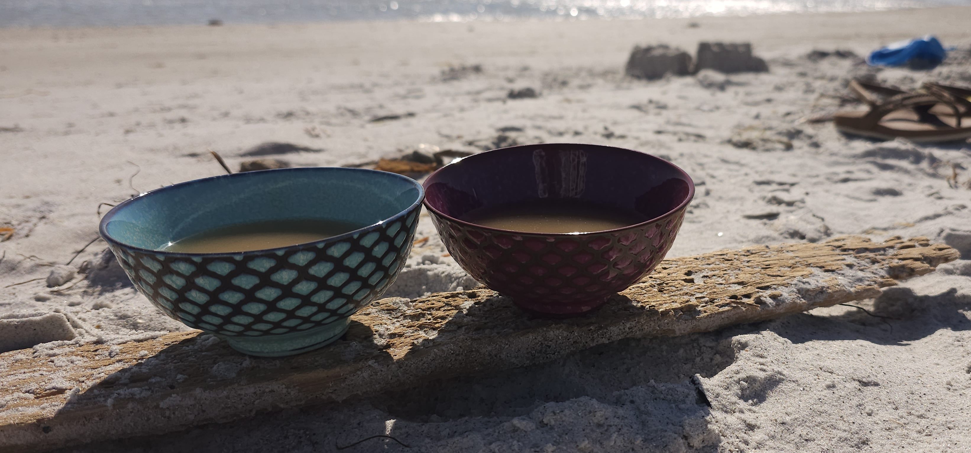 A photo of two bowls of kava sitting on driftwood on North Redington Beach.